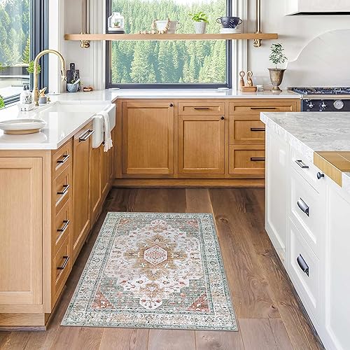 Vista 373 de Moynesa Alfombra de pasillo ultrafina lavable, vintage, de 2 pies 6 x 8 pulgadas, antideslizante, resistente a las manchas, resistente a