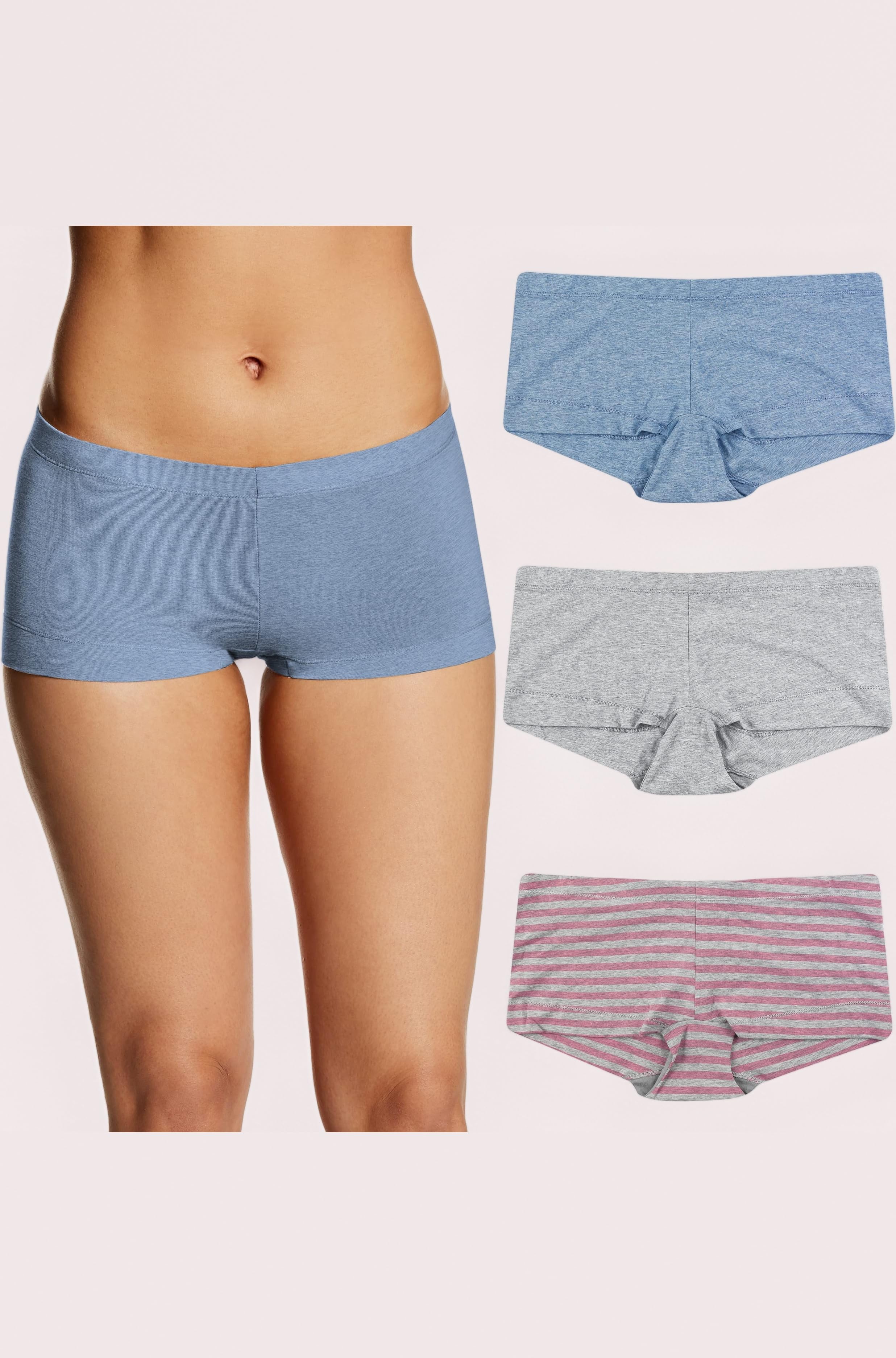 Boyshort Underwear, Stretch Cotton Boyshort Panties for Women, Assorted, 3-Pack Womens