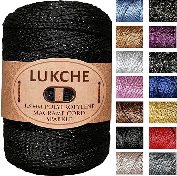 1.5mm x 153 Yards Premium Polyester Macrame Cord Sparkle, Colorful Rope, Yarn Crochet, Macrame Supplies for Bag Craft Wall Hangers, Bags, Bottom Plates, CarpetsBlack