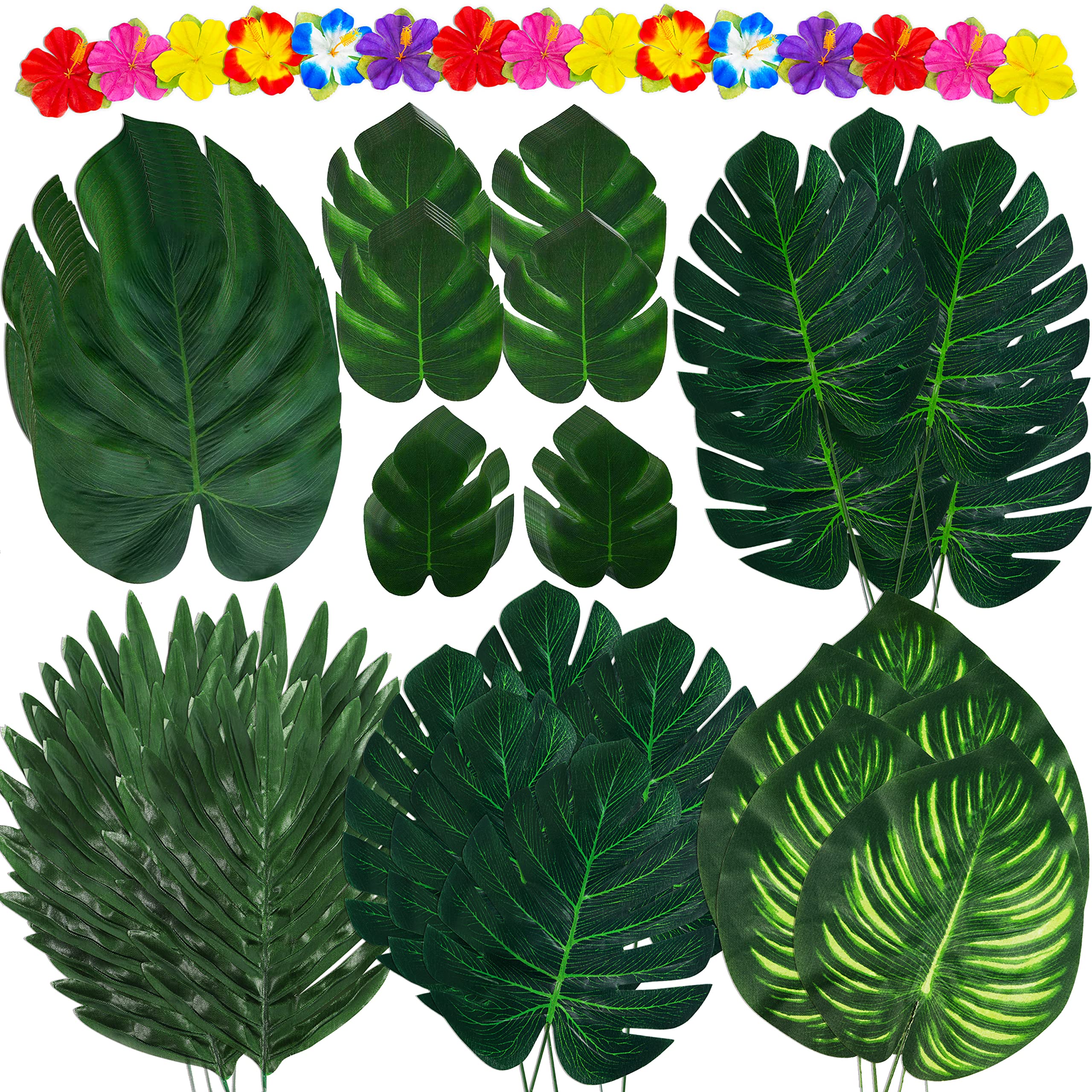 Moon Boat 120PCS Tropical Palm Leaves Plants Hibiscus Artificial-105Pcs 7 Kinds Green Fake Leaf+15pcs Flowers, Hawaiian/Luau/Safari Jungle Party Table Decorations