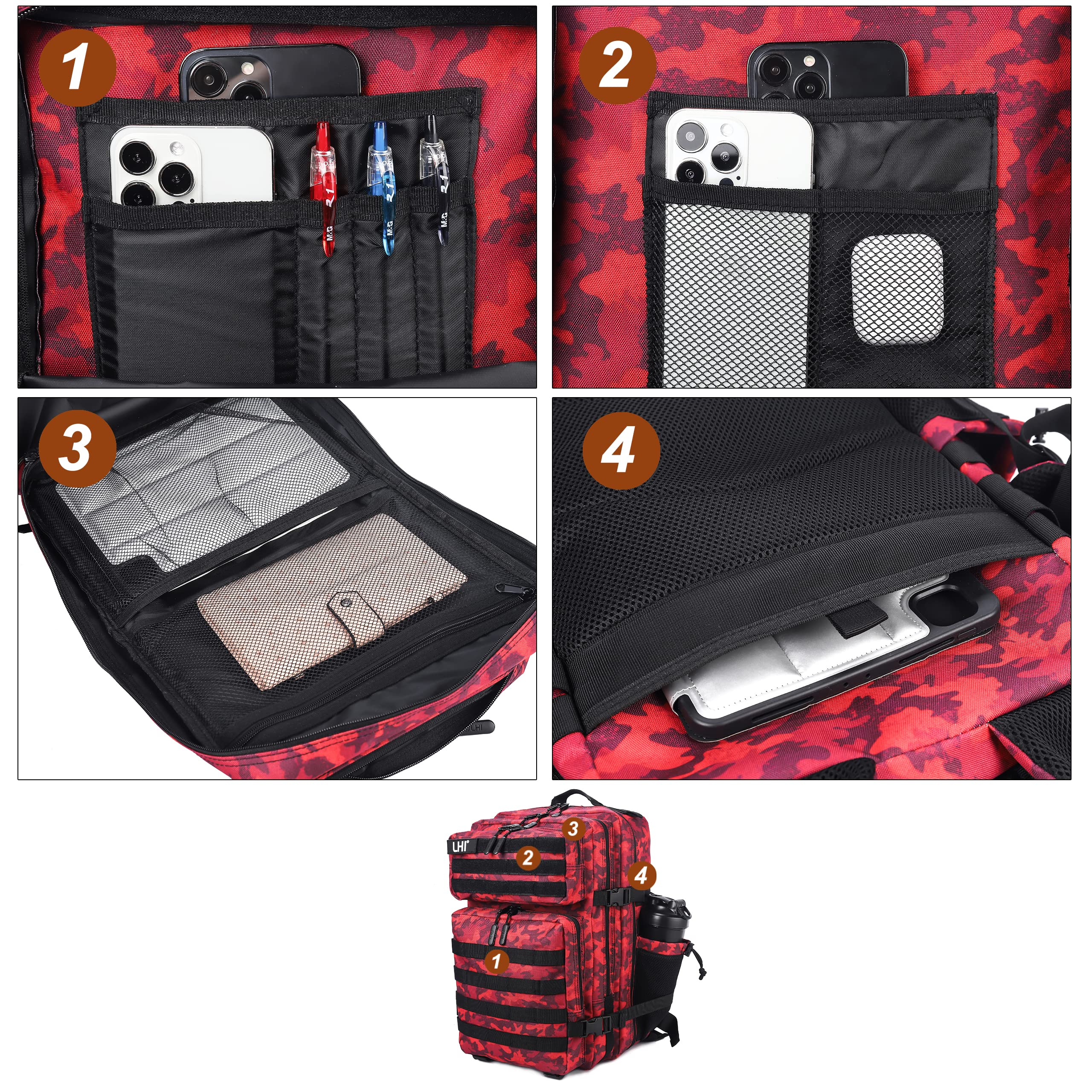 LHI Militärstil Taktischer Rucksack 45L mit MOLLE-System – Wasserdicht für Wandern, Survival, Camping & Outdoor - Rote Tarnung