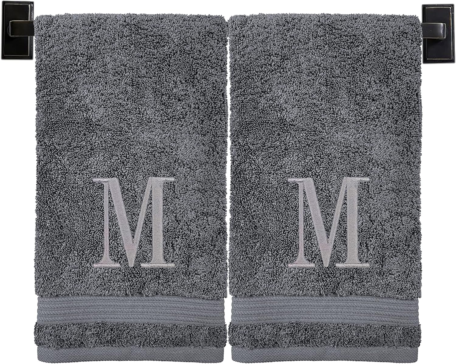 Grey Hand Towels for Bathroom with Monogram | Luxury Cotton Turkish Towels | Embroidered in USA | Set of 2 | Choose Set Color and Letter | A - Z | Modern Font