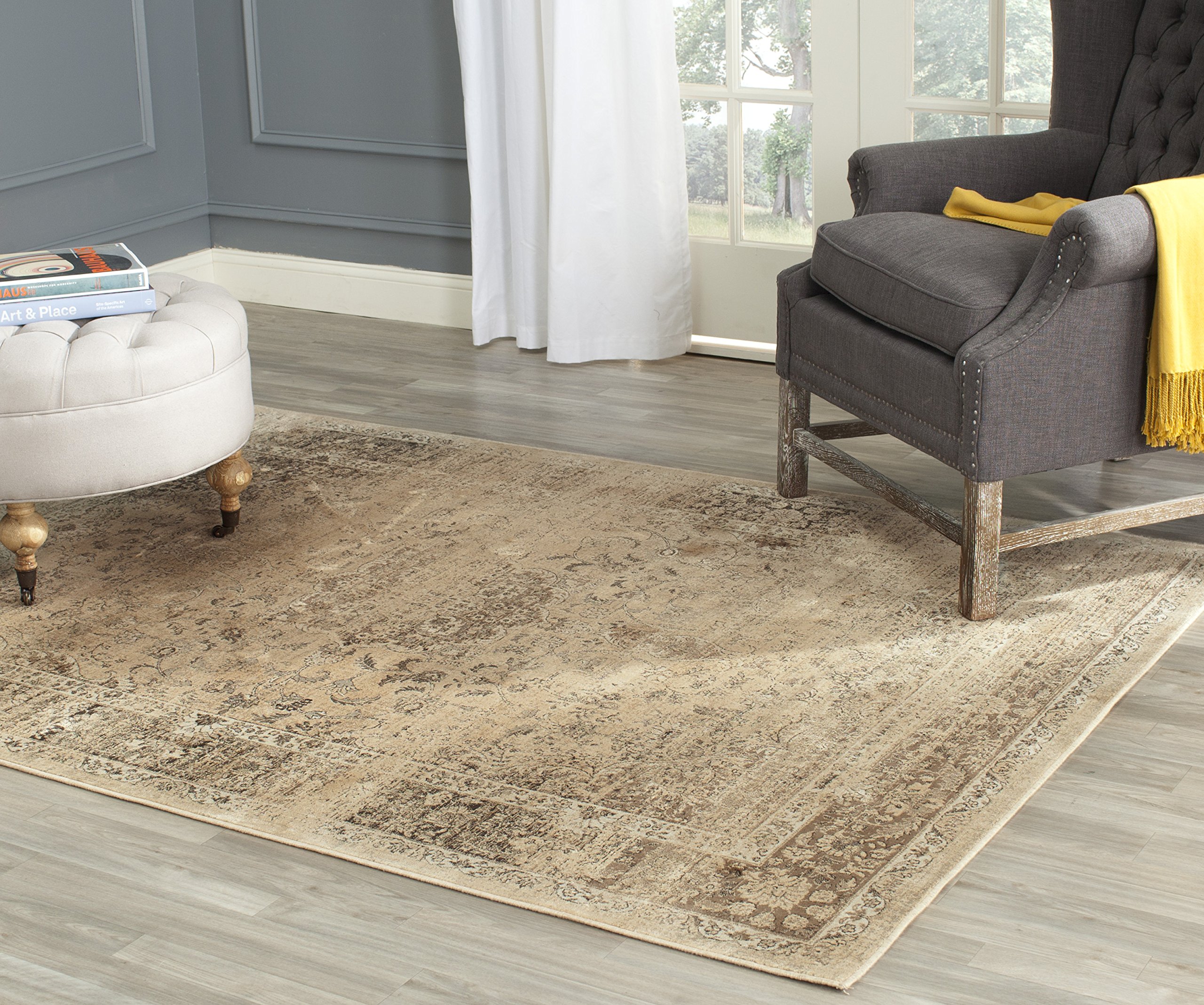 SAFAVIEH Vintage Collection Accent Rug - 4' x 5'7", Warm Beige, Oriental Medallion Distressed Viscose Design, Ideal for High Traffic Areas in Entryway