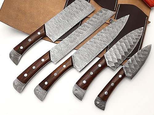 Miniatura 5 de Nooraki Juego de cuchillos de Damasco hechos a mano, 5 piezas de mango de palisandro de espiga completa, chef, carnicero, pan, pelado, juego de