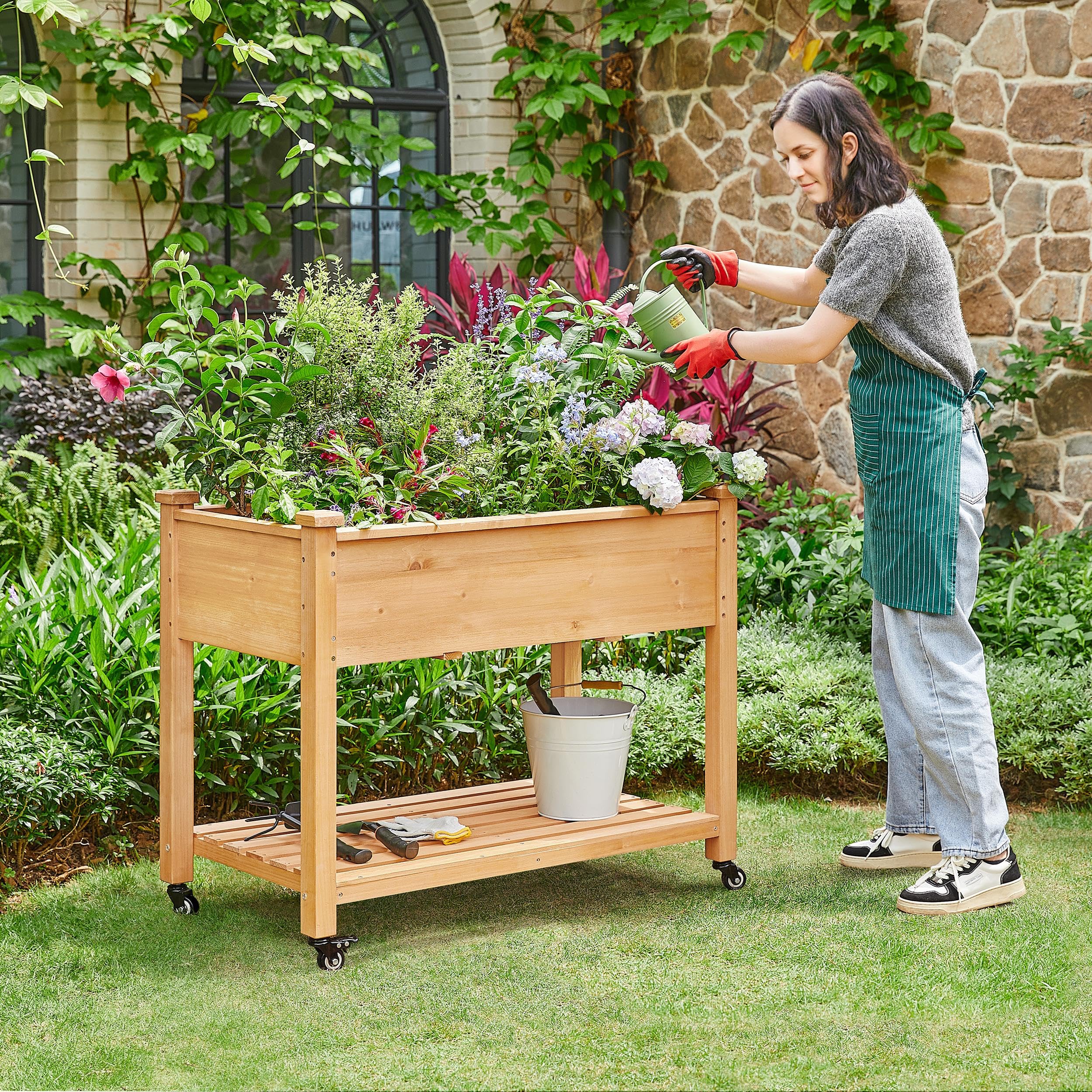 Aiuola Rialzata In Legno - 8 Scomparti, 91.5x62x92.5cm, Con Ripiano E Griglia - Foto 7