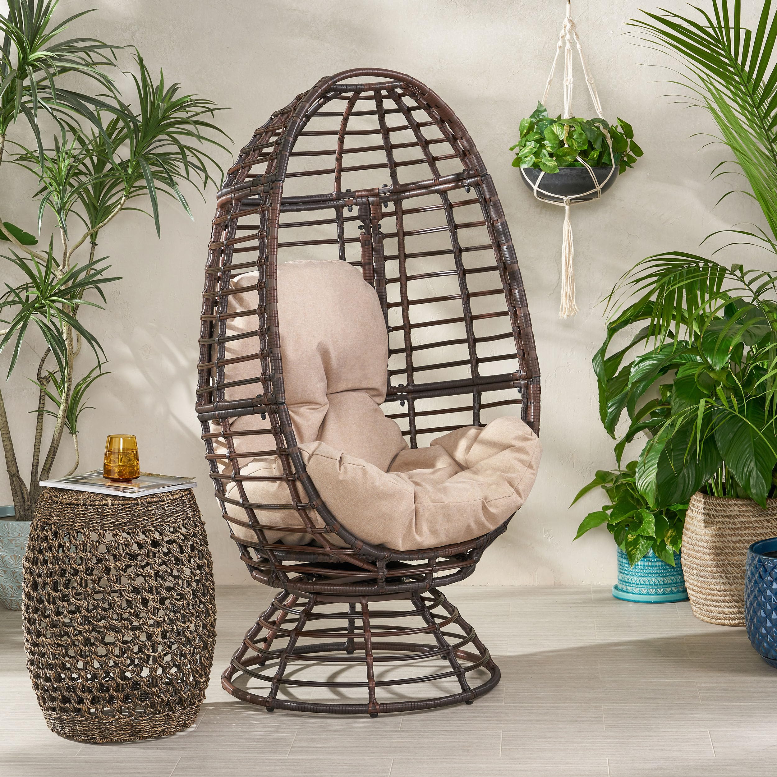 espidoo Swivel Patio Egg Chair: Modern Faux Rattan Basket Shape - Water Resistant Cushions & Iron Frame for Backyard Relaxation - Dark Brown & Beige