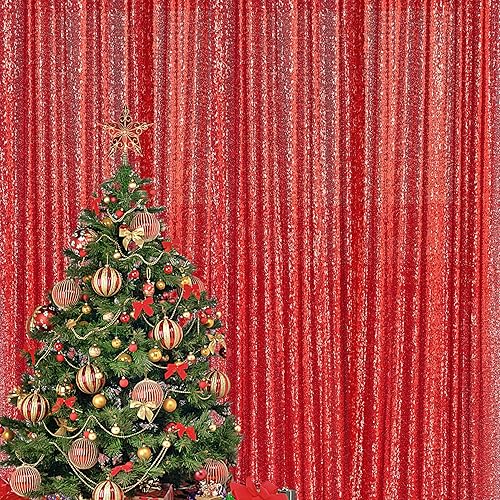 4×7FT Red Sequin Backdrop Curtain, Photography Backdrop Glitter Curtains Fabric Background for Christmas Wedding Party Decor