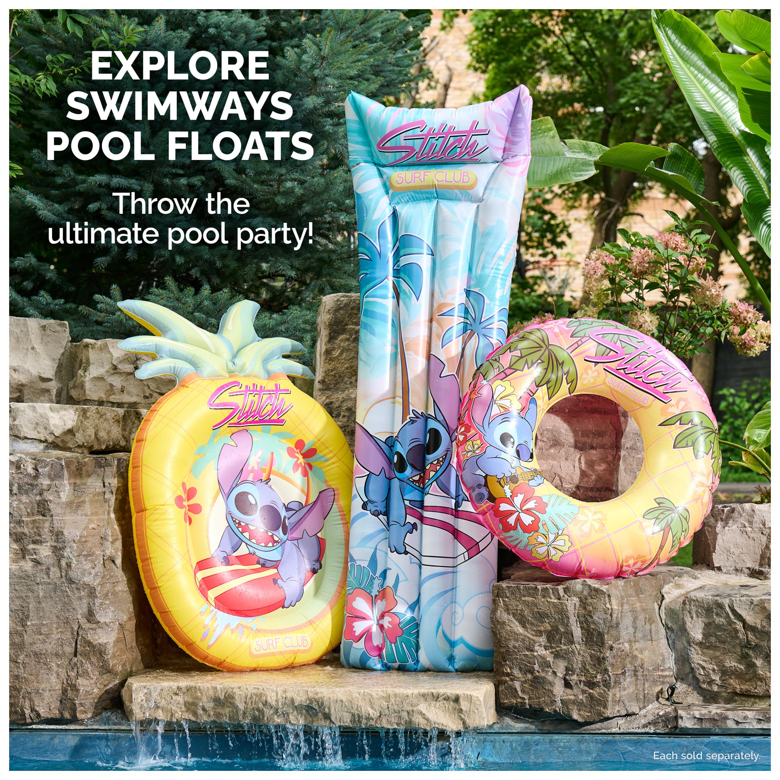 Swimways Stitch Suntanner - Flotador inflable para piscina y juguetes de piscina para niños, accesorios de piscina y artículos esenciales de playa para adolescentes de 14 años en adelante