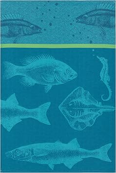 French Cotton Jacquard Towel, Banc De Poissons School of Fish Bleu, 20-Inches by 30-Inches, Turquoise
