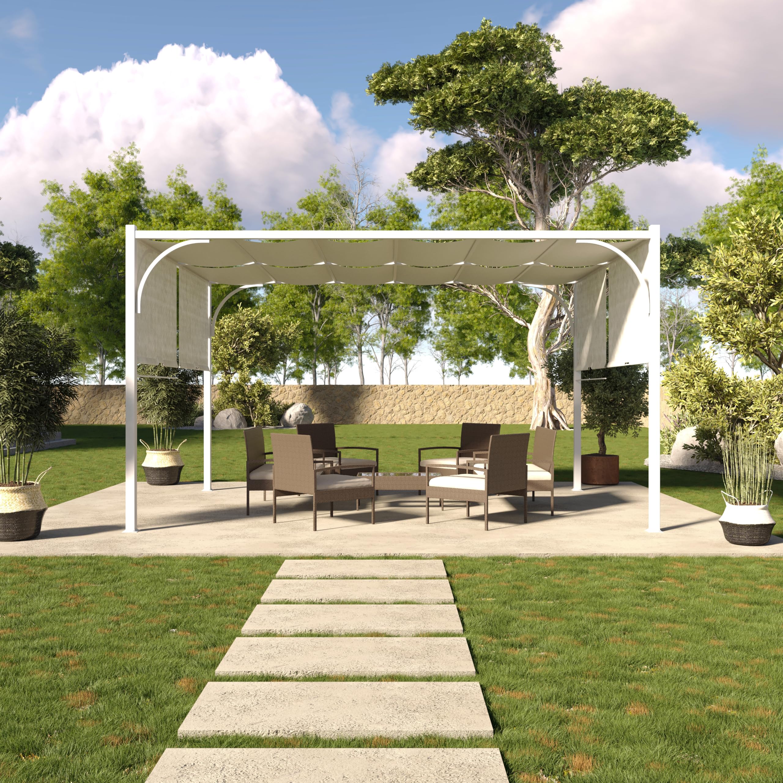 Gazebo Pergola 3x4 M Tetto Scorrevole Telo Bianco Impermeabile Retrattile Struttura Acciaio Bianco Giardino Terrazzo Piscina Esterno Campeggio Design Elegante Moderno