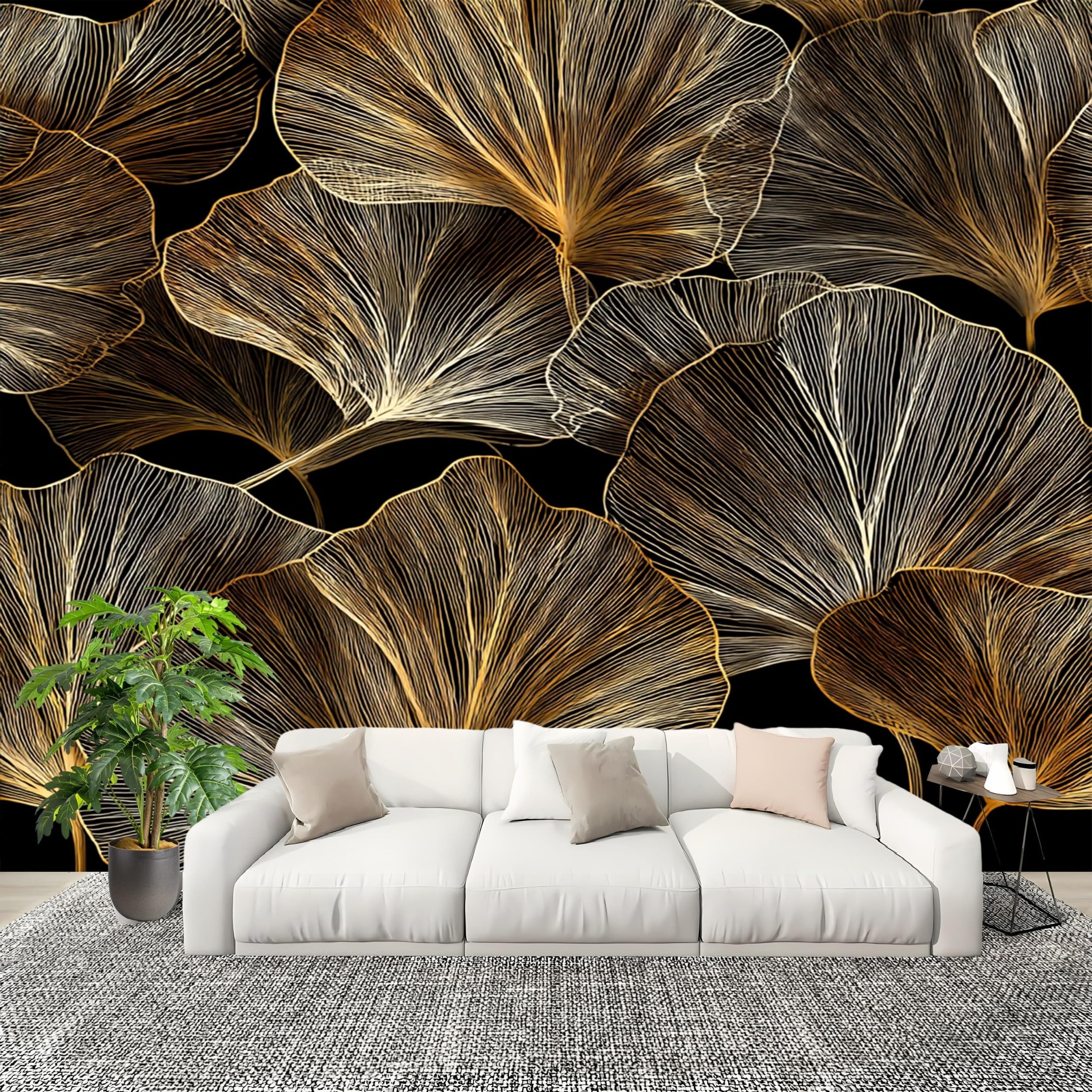Moda Fototapeta 350 x 256 cm Abstrakcyjne Rośliny Nowoczesne 3D Zdejmowana Złota Panoramiczna Tapeta Biuro Sypialnia Salon, Hd Zdjęcie