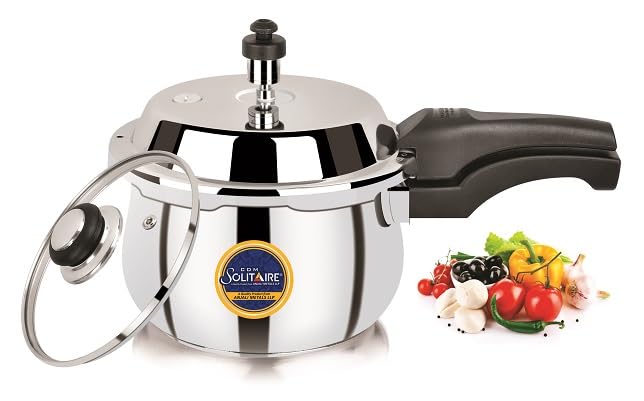 CDM SOLITAIRE Pearl Ultra Belly Pressure Cooker 1.5 Litre Sandwich Bottom Stainless Steel Outer Lid With Extra Glass Lid, Induction And Gas Base, ISI Certified, Ideally Used For 1-2 Person