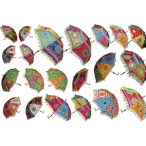 15 Pcs Mix Lot Indian Wedding Umbrella Handmade Embroidery Umbrella Decorations Mirror Work Vintage Parasols Cotton Umbrellas