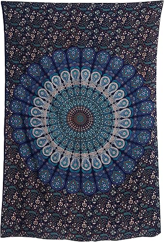 Miniatura 4 de Tapiz hippie indio bohemio psicodélico dorado azul pavo real mandala colgante en la pared (azul verde, mediano (54 x 60 pulgadas) (53.9 x 59.8in)