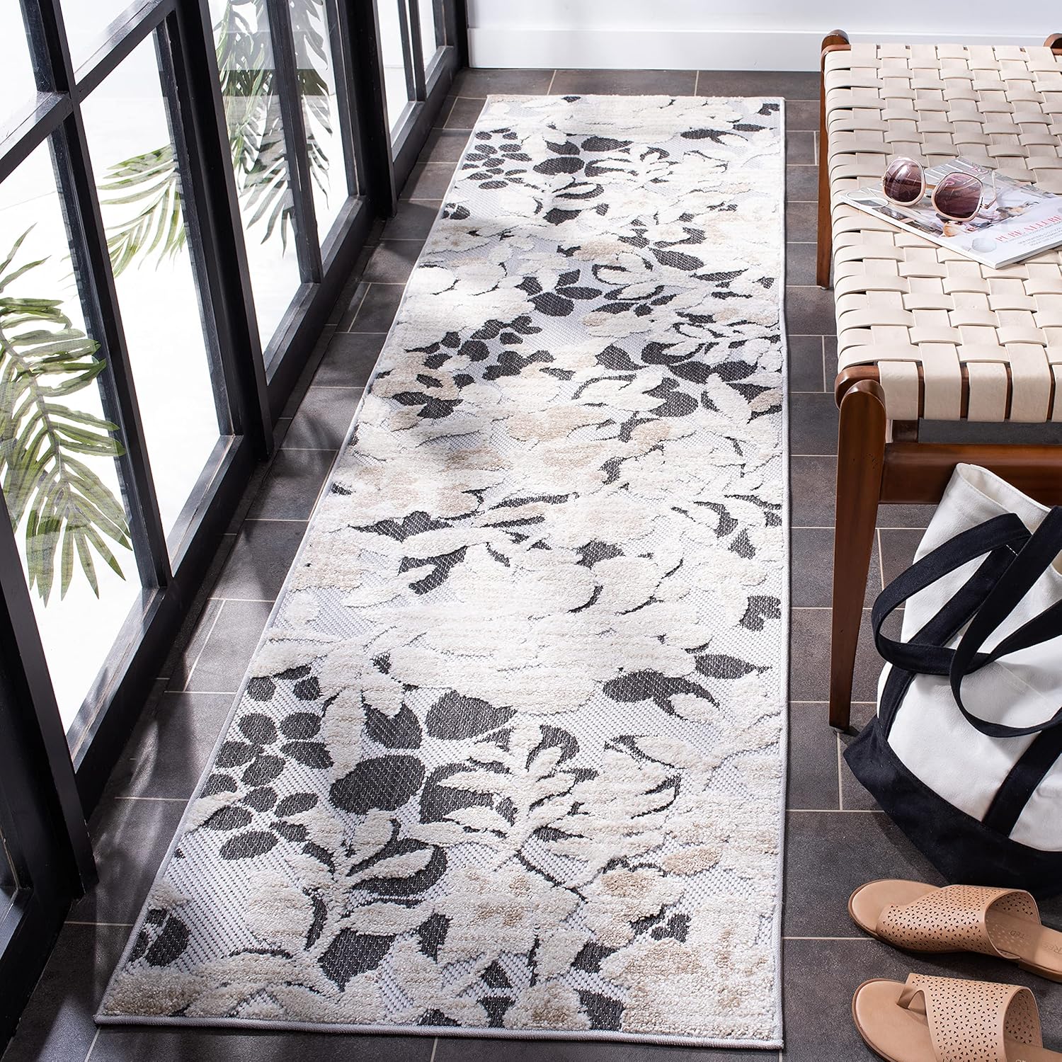 SAFAVIEH Washable Rug Outdoor Cabana Collection - 2'2" x 5', Ivory & Charcoal, Non-Shedding & Easy to Clean, Entryway, Front Door, Kitchen, Mudroom (CBN672A)