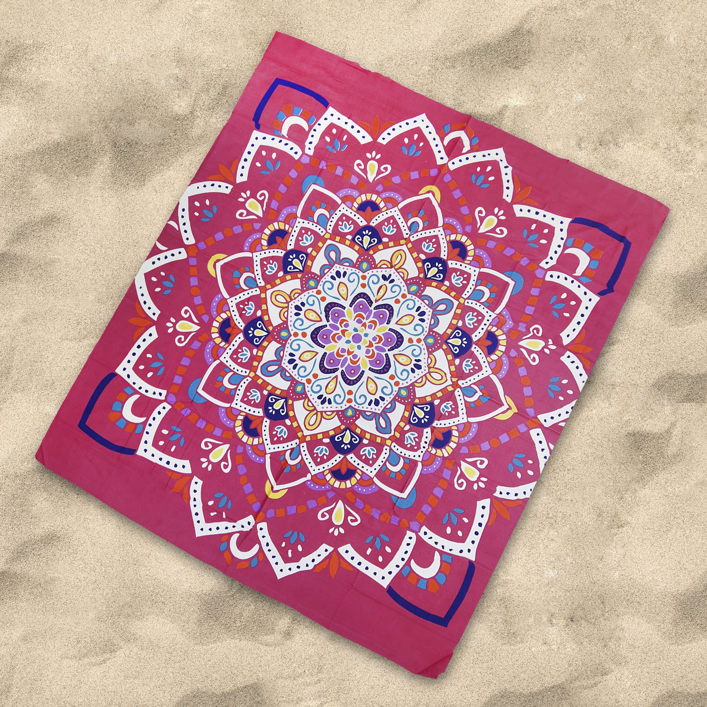 DHestia - Pareo Grande de Playa para Suelo 100% Algodón de 210x230 cm. Mandala Varkala (Fucsia)