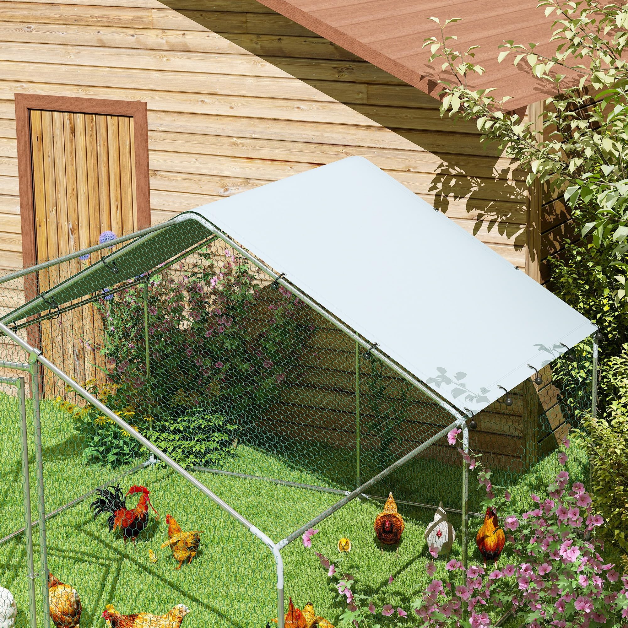 PawHut Gallinero Exterior Grande 3x3,4x1,9 m Acero Galvanizado Puerta Doble Cierre Cubierta Tela Oxford Anti-UV Impermeable para 10-15 Gallinas