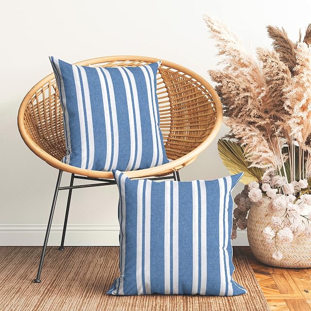 Encasa Homes Cushion Covers 2 pcs set (50x50 cm) - Franca Blue Stripes - Decorative Large Square Colourful Washable Eco - Cotton, Throw Pillow Cases for Living Room, Sofa, Bedroom, Home & Hotel