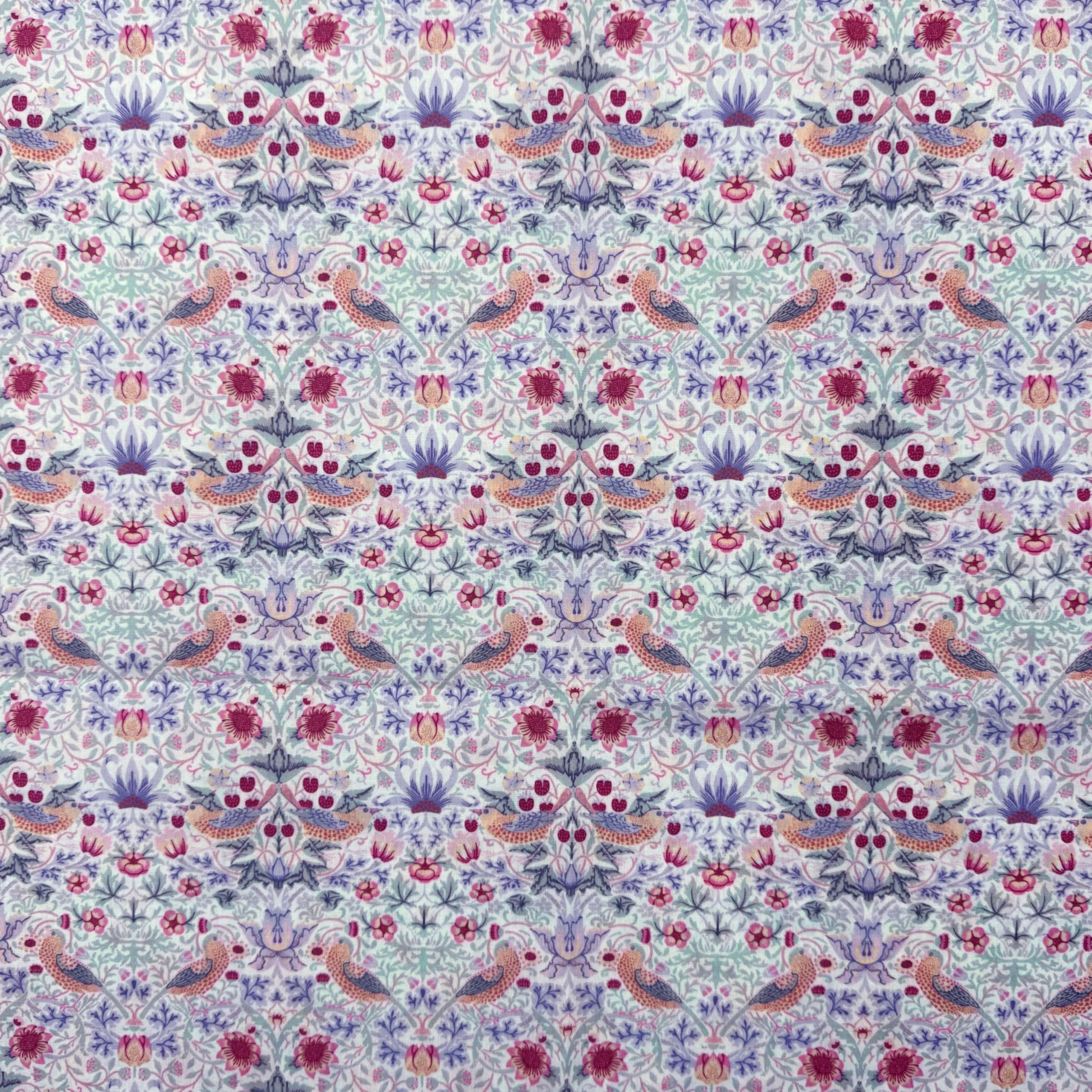 Superiorr Polycotton Digitally Printed William Morris Designs 114cm Wide - Strawberry Thief Pastel Lilac - Per Metre