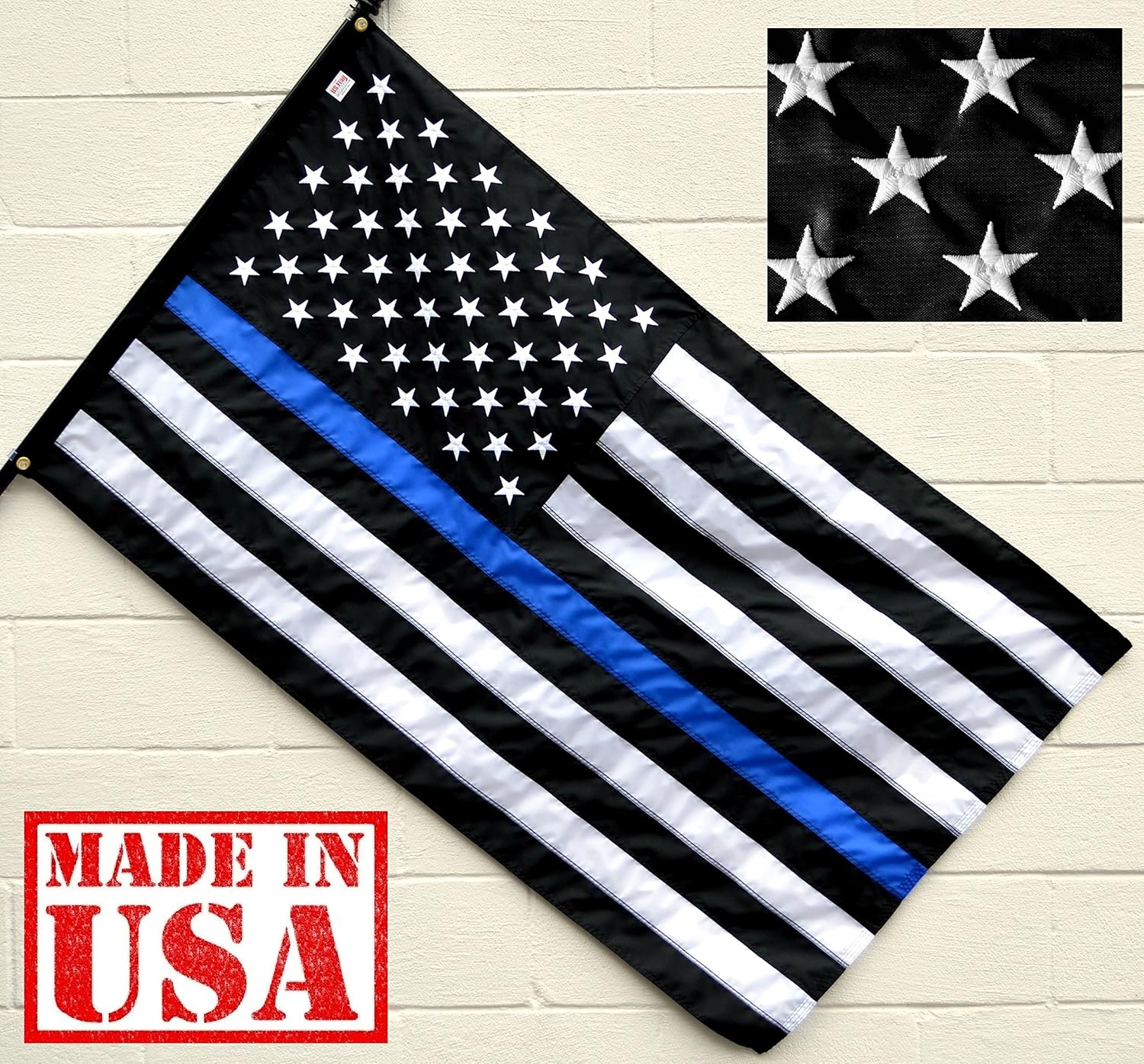 US Flag Factory 3x5 FT American Thin Blue Line Flag (Embroidered Stars, Sewn Stripes) for Police Officers - Blue Lives Matter Flag - 100% Made in America - Outdoor SolarMax Nylon