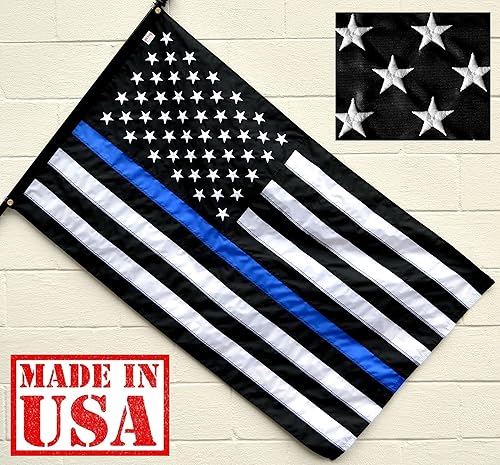 Miniatura 2 de US Flag Factory Bandera estadounidense de línea azul delgada de 3 x 5 pies (estrellas bordadas, rayas cosidas) para oficiales de policía, bandera