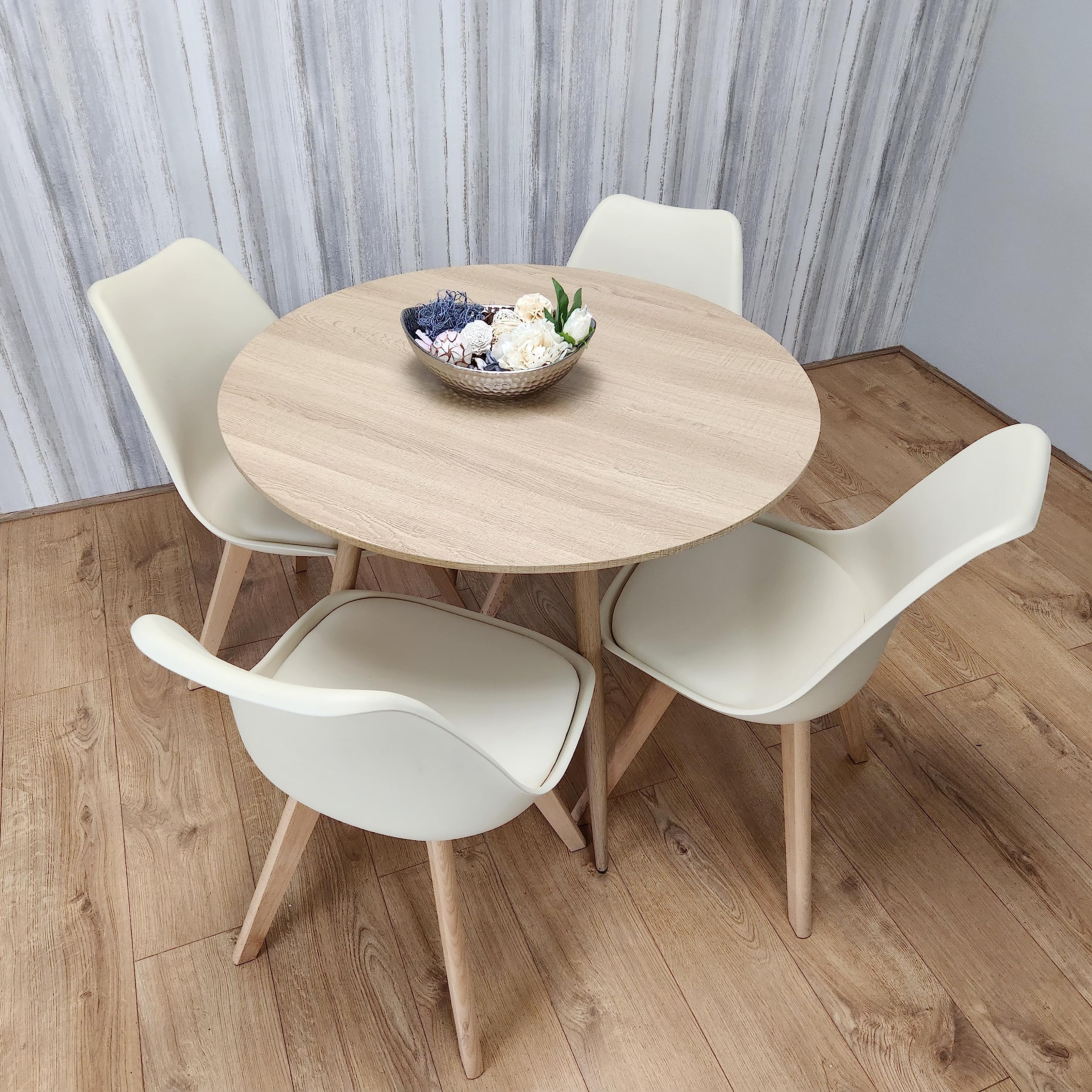 KOSY KOALA Round Dining Table and Chairs Set for 4 Wooden Kitchen Dining Table with 4 Cream Dining Chairs Modern Dining Room Furniture 90 x 90 x 75 cm