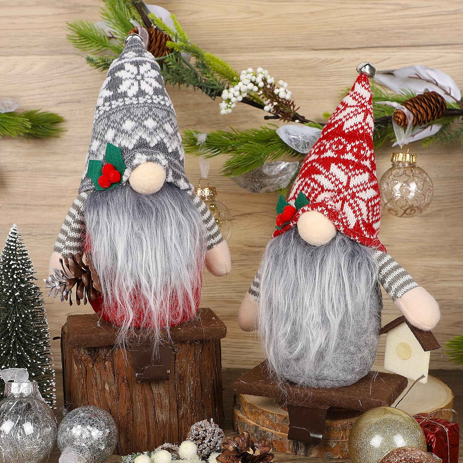 Lulu Home Christmas Stocking Holder, Set of 2 Soft Stuffed Christmas Gnome Metal Stocking Hangers, Rustic Farmhouse Christmas Stocking Hooks for Fireplace, Mantle, Shelves Decorative Ornaments