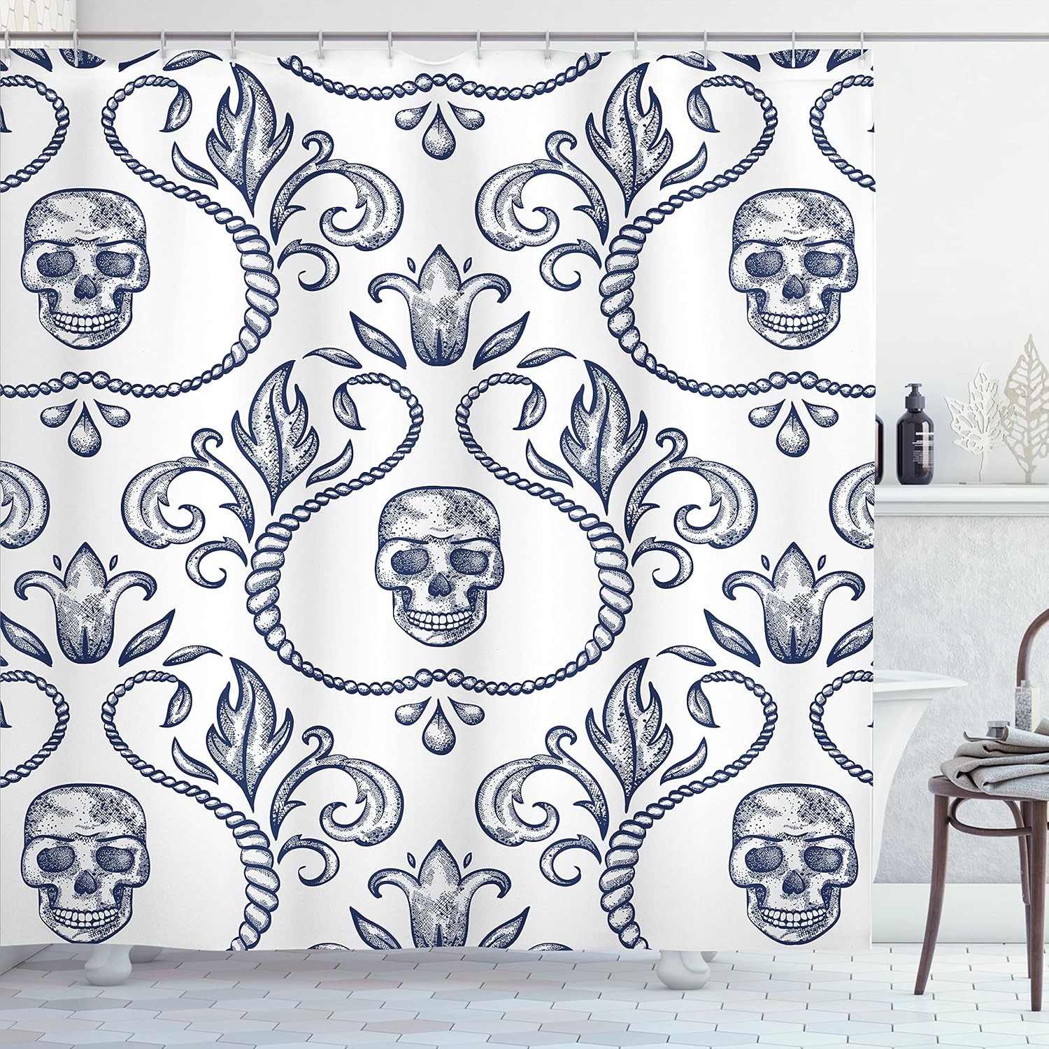 Ambesonne Gothic Shower Curtain, Ornament Skull Goth Skeleton Floral Motifs in Baroque Style Illustration, Cloth Fabric Bathroom Decor Set with Hooks, 69" W x 70" L, Dark Lavender