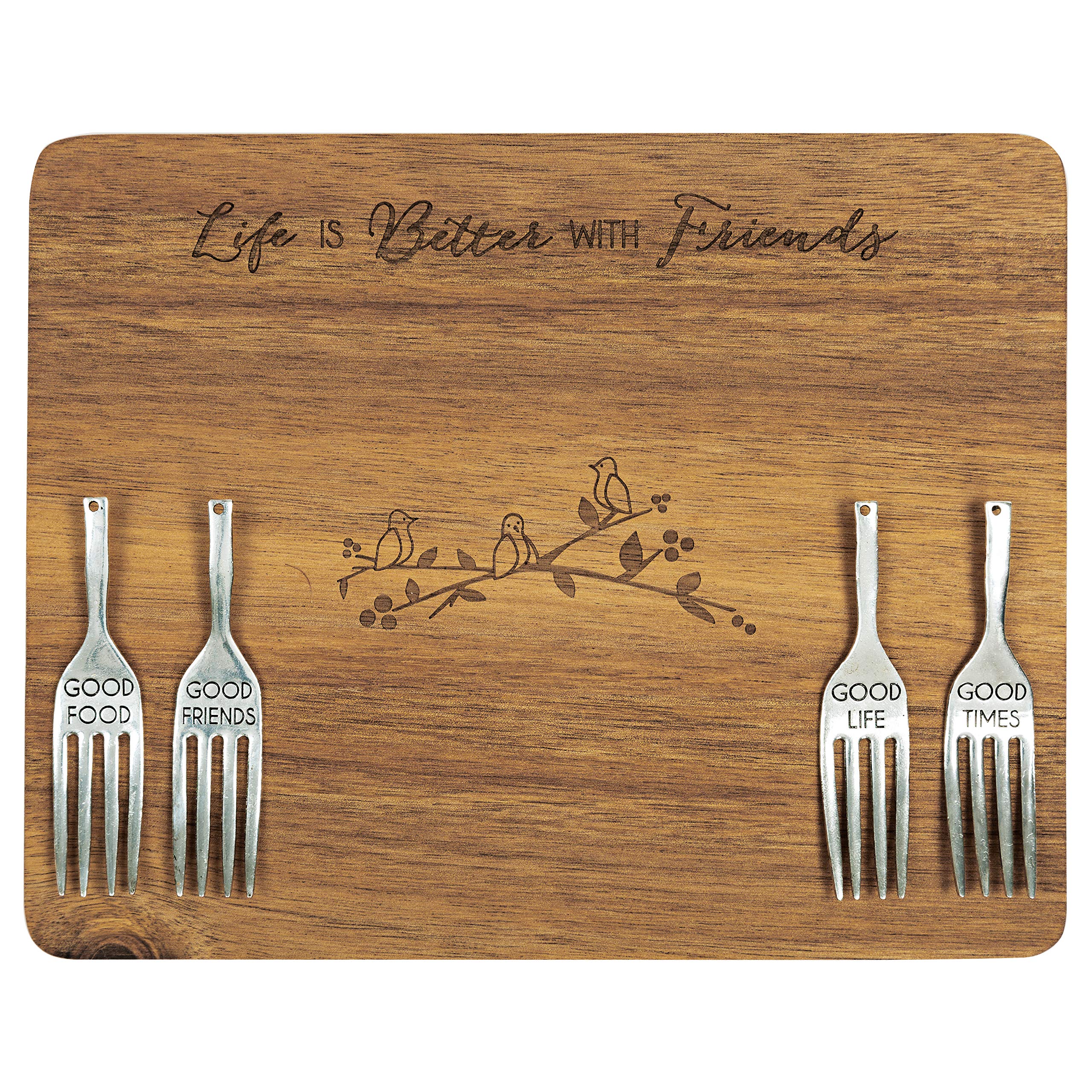 Pavilion Gift Company Life is Better with Friends Birds 7 x 9 Inch Cutting Cheese Board, Set of 4 Forks with Debossed Text, 9", Brown