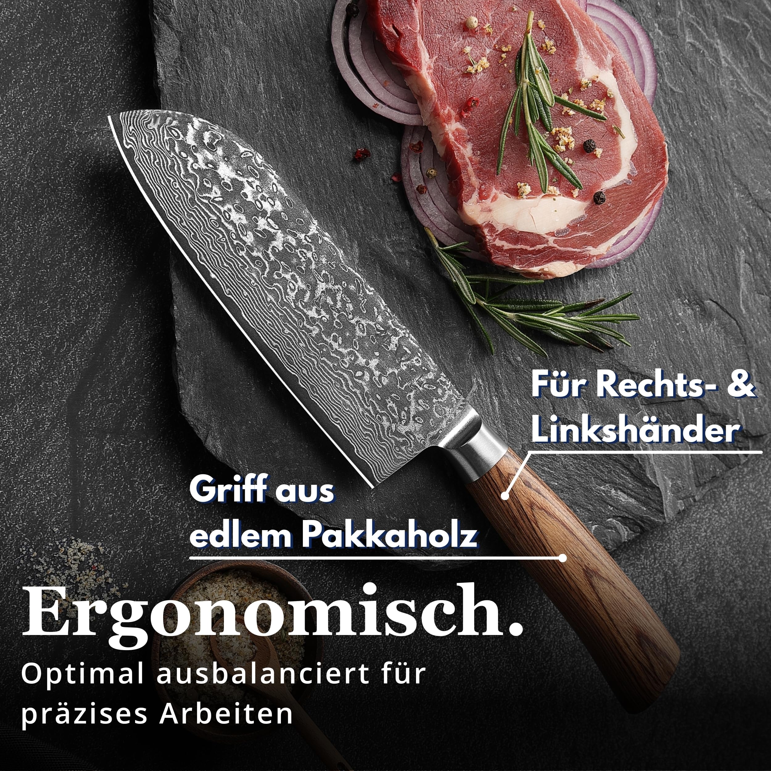 Wakoli EDIB Pro Santokumesser, 17 cm Klinge aus Damaststahl mit VG10 Kern | 67 Lagen, 60 ± 2 HRC, 32 cm Gesamtlänge, Pakkaholzgriff und Geschenkbox; beidseitiger V-Schliff für Fleisch, Fisch und Gemüse
