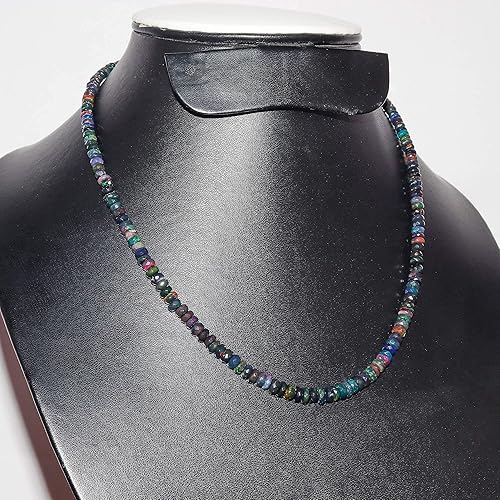 Miniatura 7 de InfinityGemsArt Natural Black Ethiopian Opal Gemstone Full Beaded Dainty Necklace, October Birthstone, Healing Crystals Gift Jewelry in Rhodium