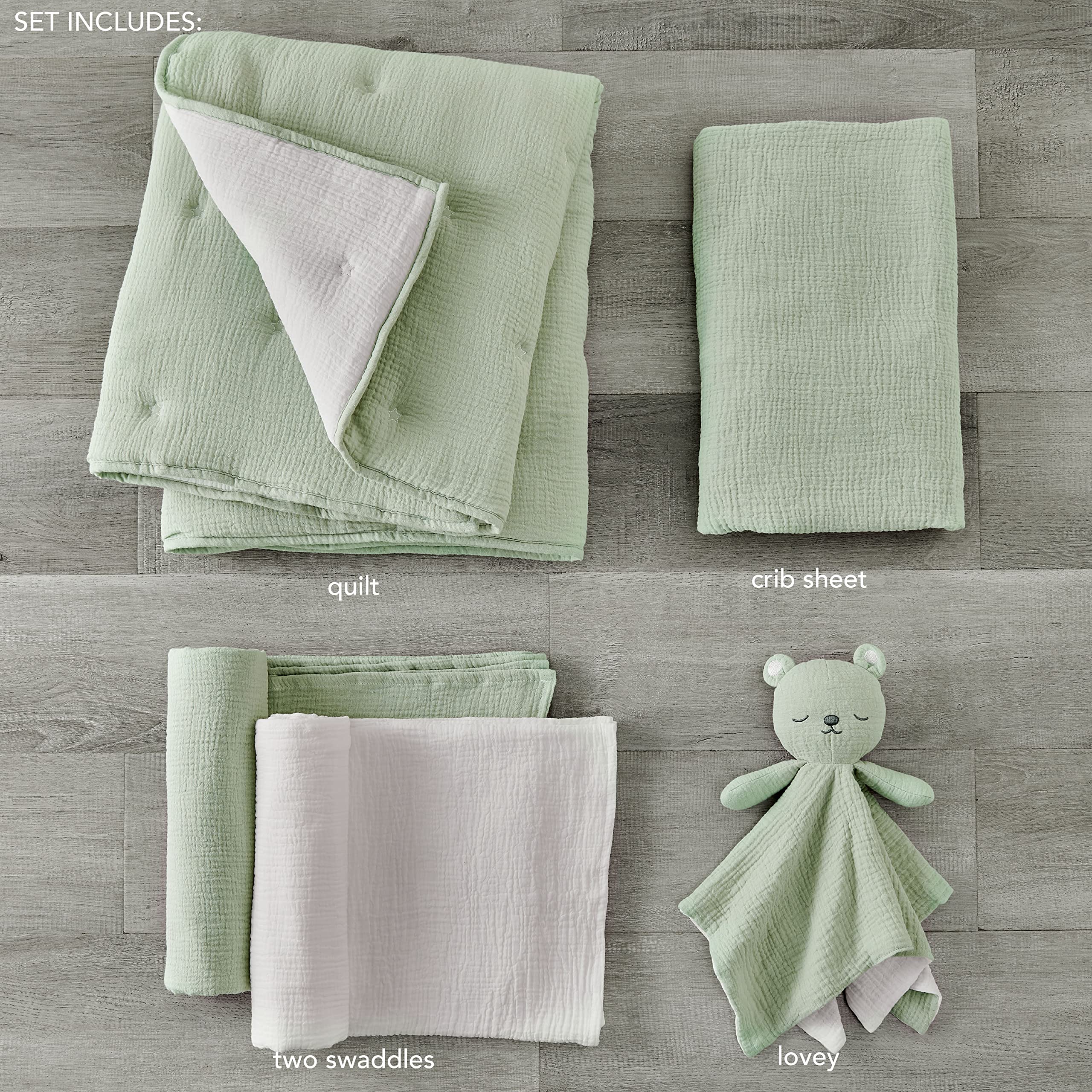 Levtex Baby Zestaw łóżek do łóżeczka dziecięcego w kształcie muślinu - Zestaw do pokoju dziecięcego - Szałwia i białe gwiazdy - Szałwia teksturowany muślin - 5-częściowy zestaw zawiera kołdrę,