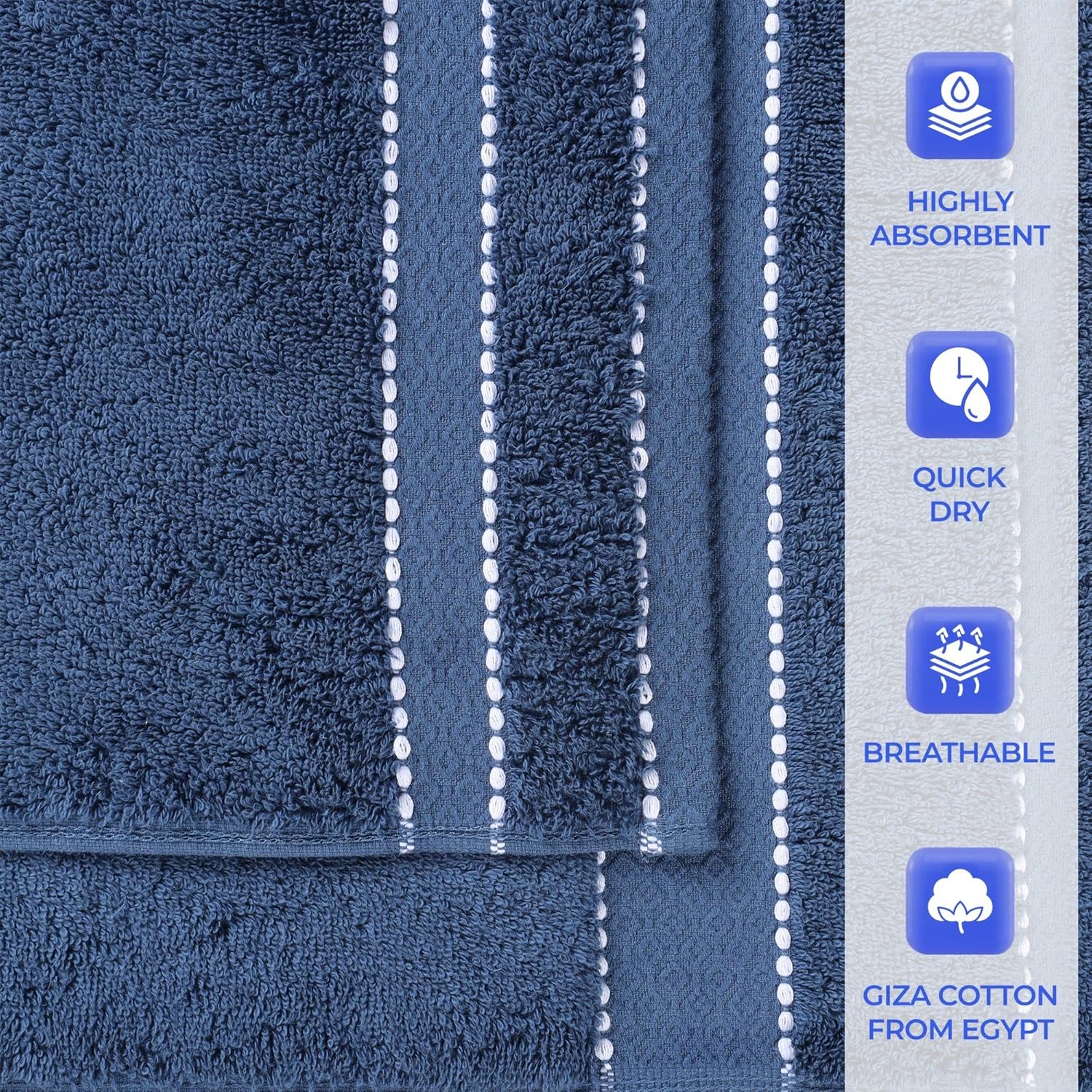 Superior Egypt Produced Giza Cotton 3 Piece Towel Set, Luxury Plush Bathroom Essentials, Quick Dry, Shower, Spa, Soft, Includes 1 Bath, 1 Hand, 1 Washcloth/Face Towel, Niles Collection, Navy Blue
