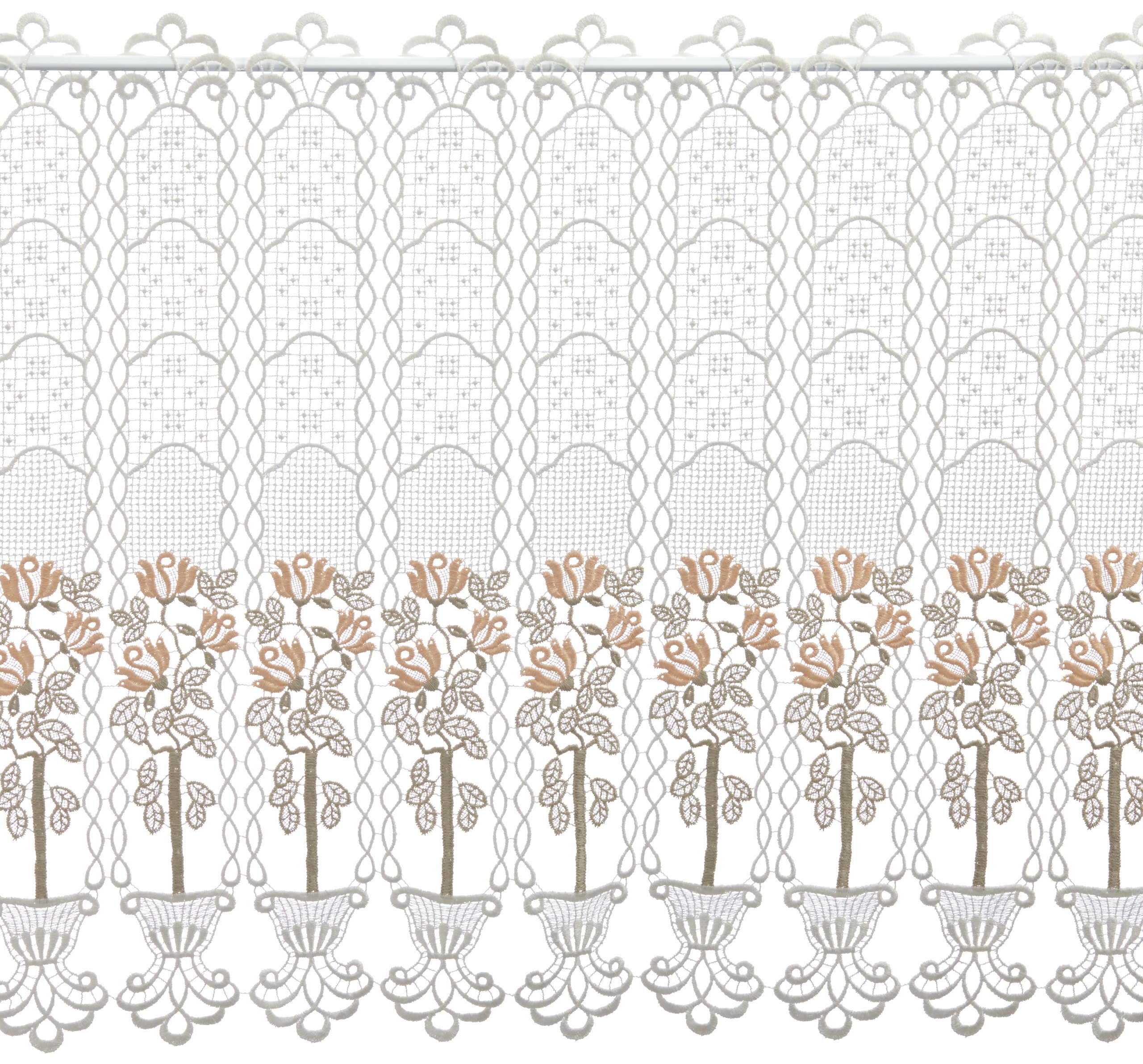 Plauener Spitze Scheibengardine – Gestickte Guipure-Spitze, 144x50 Cm, Creme/Beige/Lachs, Mit Stangendurchzug