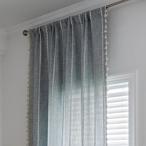 Miniatura 3 de Sutuo Home Cortina bohemia para dormitorio, sala de estar, cocina, semi opaca de lino con borlas estilo desgastado chic con borlas para tratamiento