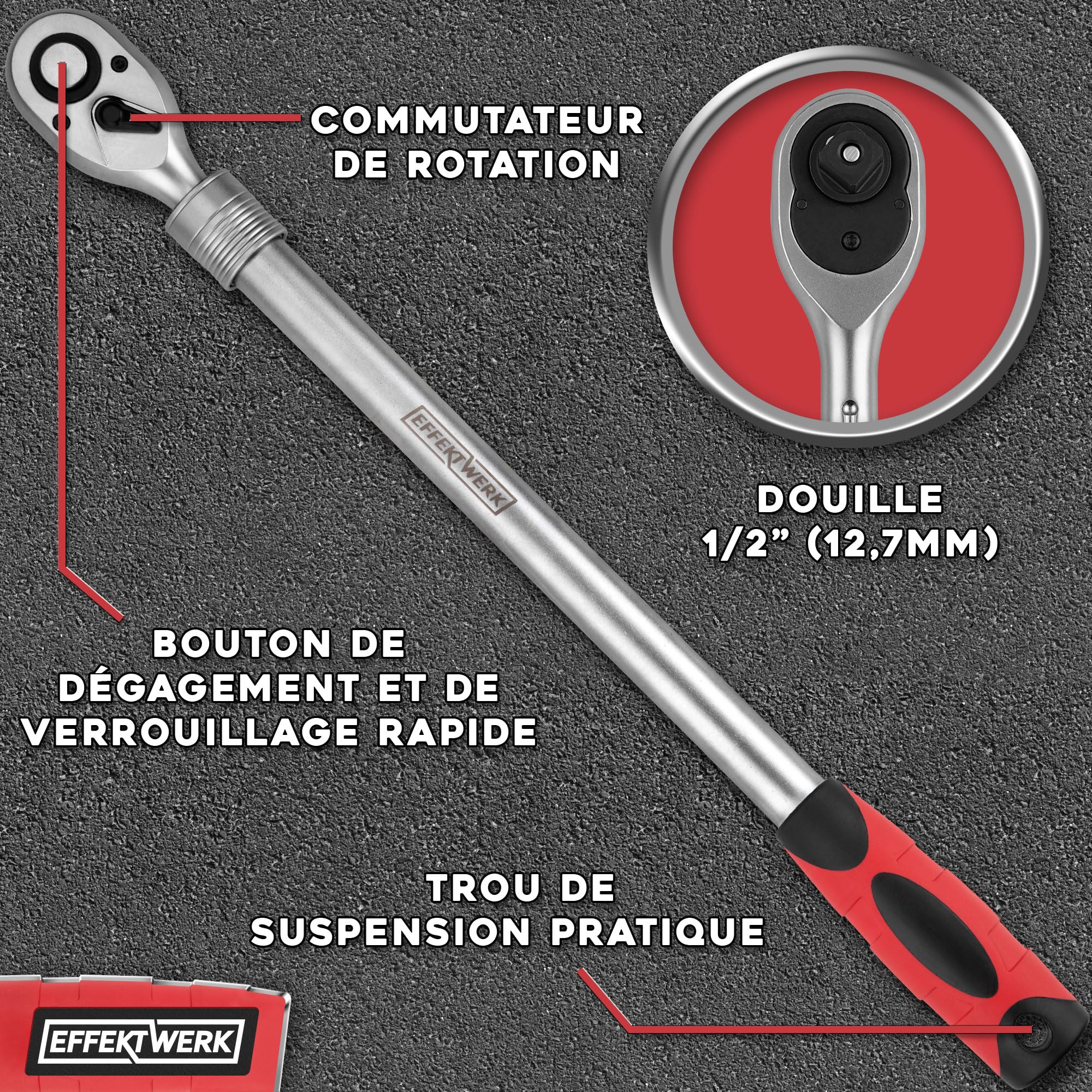 Cliquet télescopique - 1/2 pouce d'entraînement, 72 dents - poignée extensible 46-60 cm - Avec 6 postes de verrouillage - couple 660 Nm