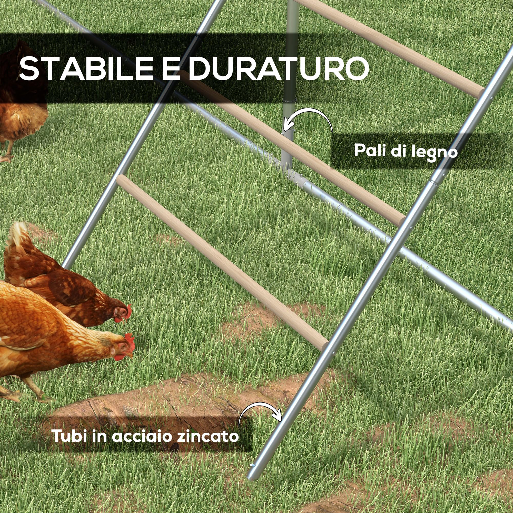 PawHut Trespolo per Galline a 4 Livelli, Posatoio per Galline in Legno e Acciaio Zincato, Scaletta per Pollaio per 4-6 Polli, 140x86x2.5 cm, Colore Legno