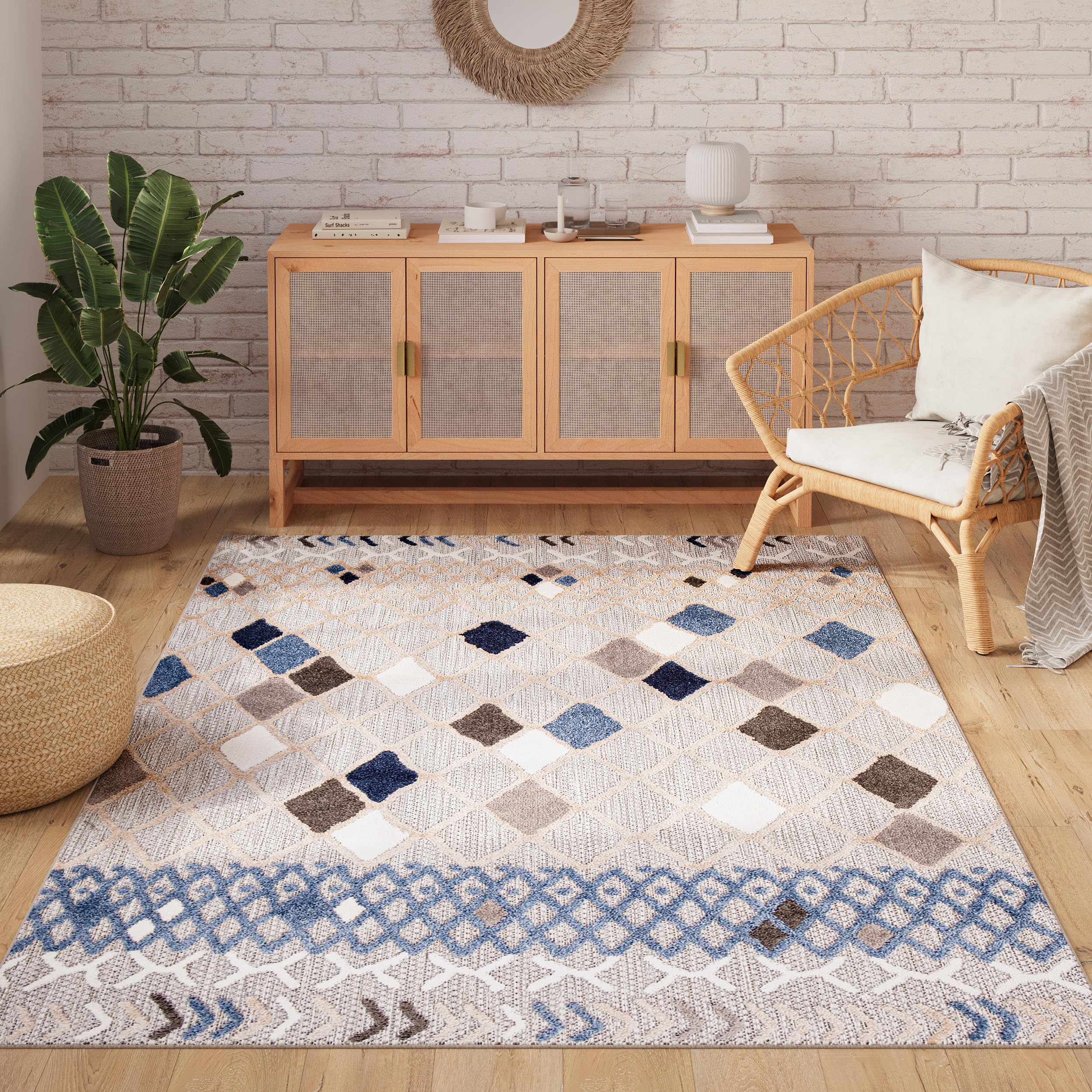 TAPISO Patio dywan tarasowy, mata do kuchni, salonu, na zewnątrz, nowoczesne wzornictwo, 3D karo, niebieski, beżowy, jasnoszary, kremowy, marokański wzór, sizal, wytrzymały 120 x 170 cm