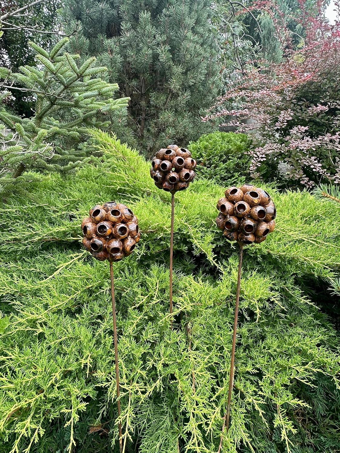 Set of 3 Rustic Metal Exotic Flowers, Garden Decorations, Handmade Sculptures, Rustic Landscaping, Garden Art, Bee and Butterflies Cups