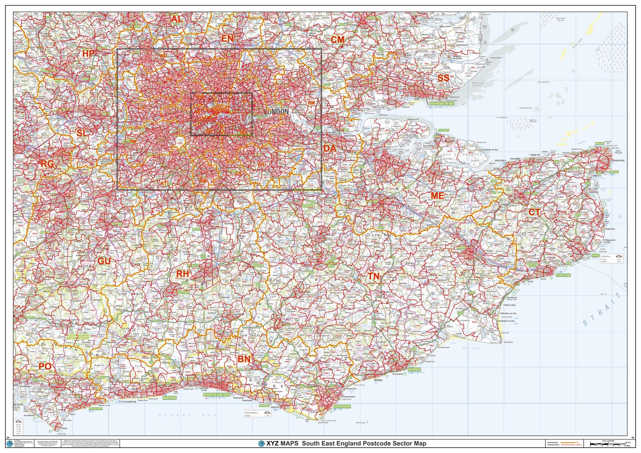 South East England Postcode Sector Wall Map (S4) - 47" x 33.25" Rolled Canvas