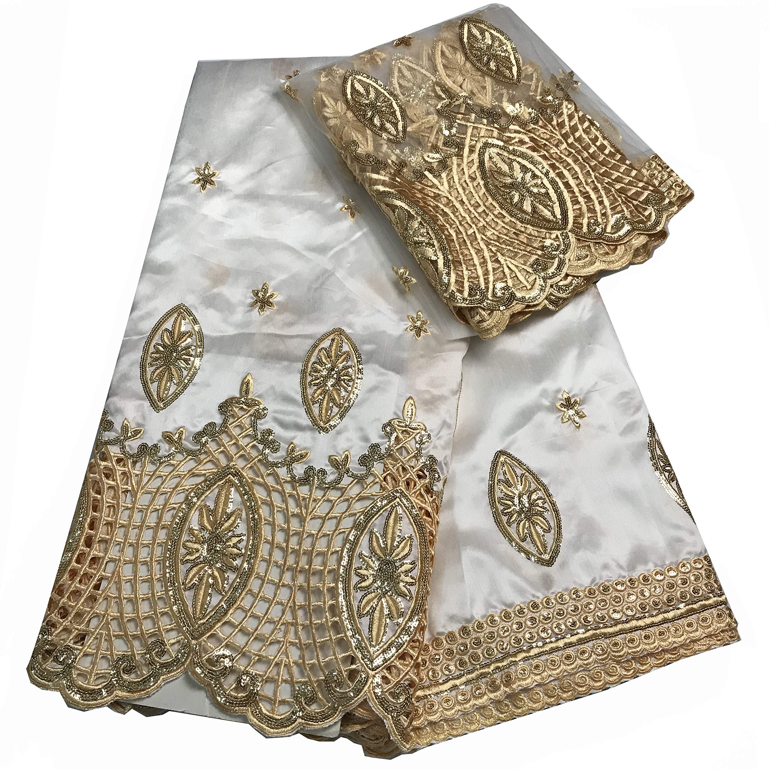 KERYLILI African George Lace Fabric Swiss Cotton Silk Sequins Fabric 5 Yards + 2 Yards Wedding Dress (white)