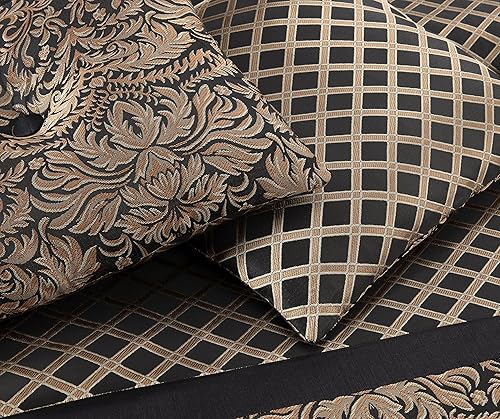 Miniatura 7 de Chezmoi Collection Juego de edredón tejido jacquard de medallón floral de diamante negrodorado de 7 piezas, tamaño California King