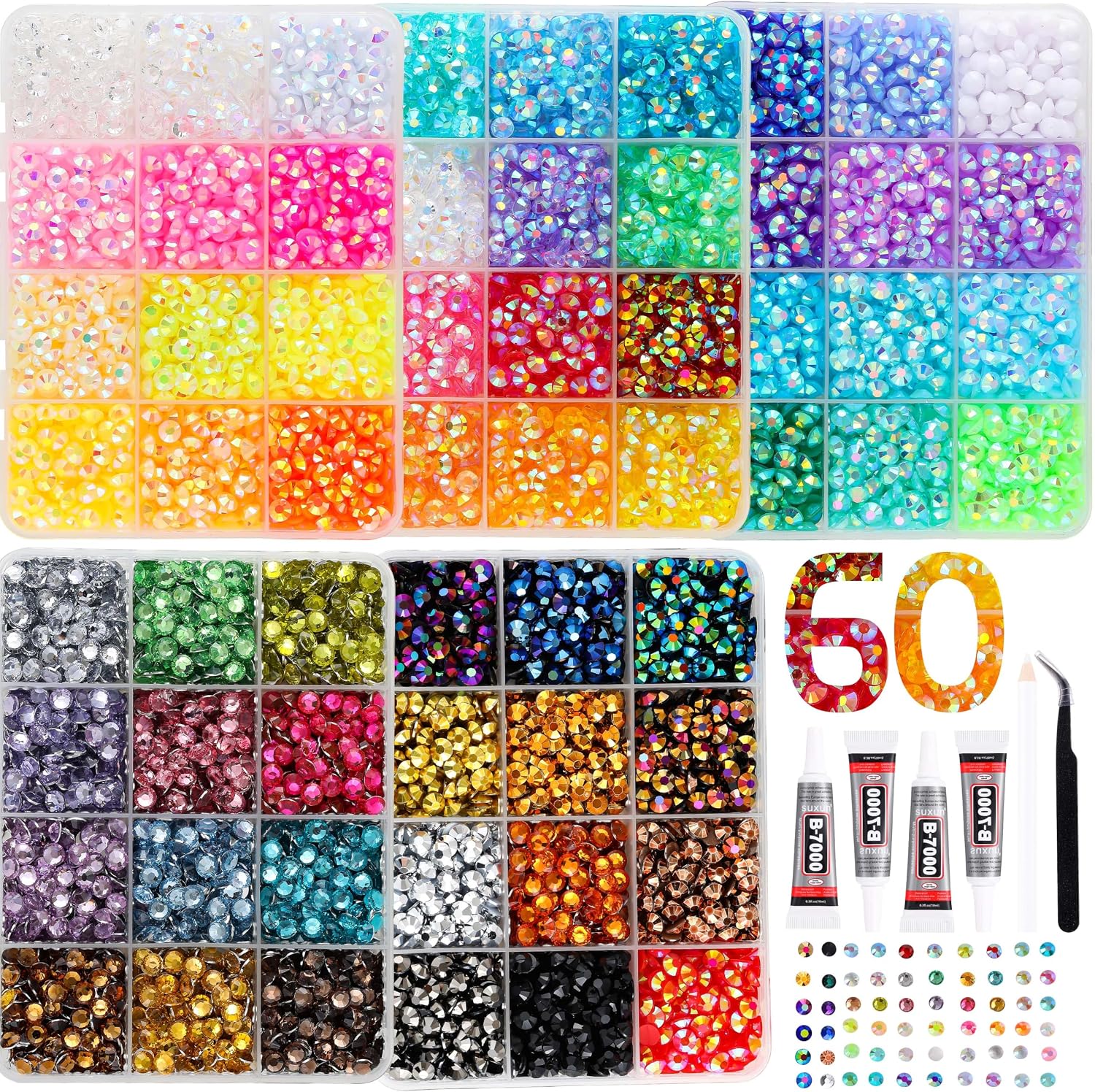 24000Pcs Bedazzling Kit for 60 Colors Rhinestones with 5 Box Diamond Art, 4mm Flatback Gems with 4×10ml B7000 Jewelry Glue Tweezers & Pickup Pen, Perfect for Nail Art, Crafting, Clothing