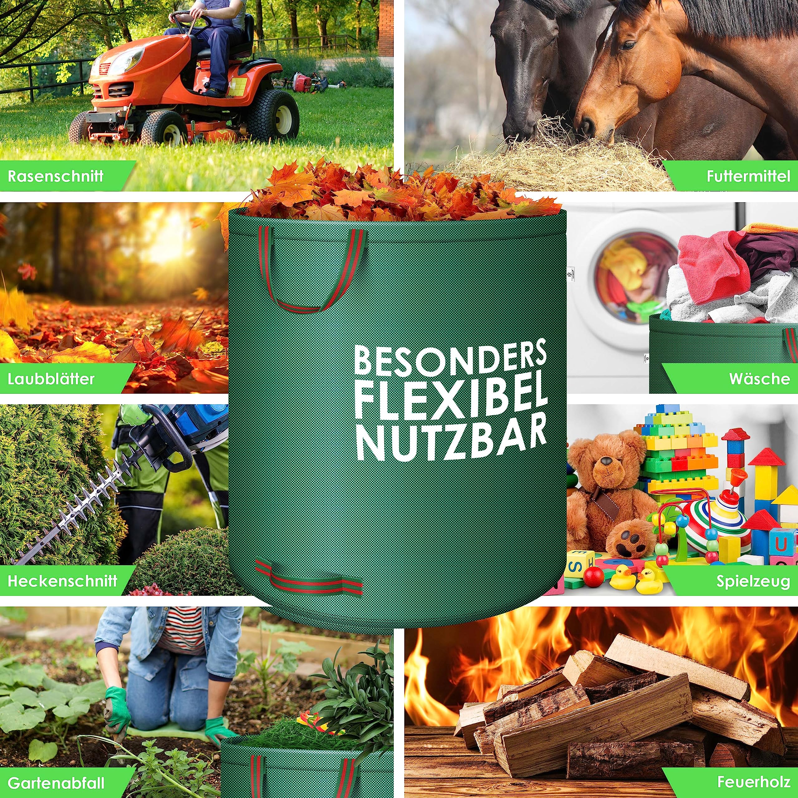 KESSER® Sac de jardin 4x 500L Set sac à feuilles Sac à déchets de jardin incl. gants - Autonome 4 poignées Stable Robuste Pliable Sacs à feuilles Tontes de gazon Sacs jardin pour déchets jardin Vert