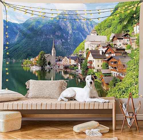 Ambesonne Tapiz de naturaleza tamaño King, idílico Alpes pueblo pequeño por Majestic Mountain Lake Paisaje pastoral europeo, colcha colgante de