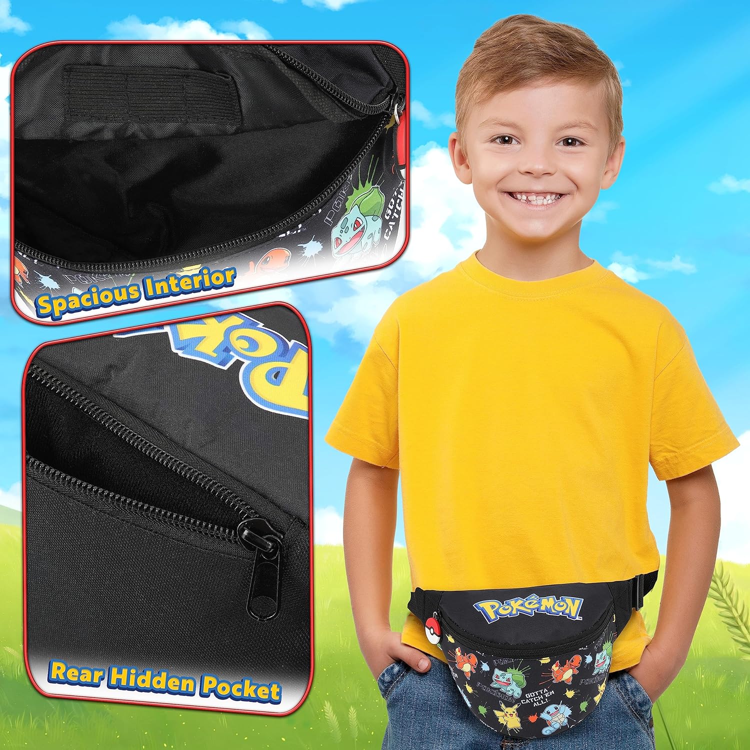 Pokemon Bag Kids Bum Bag Boys Girls Bags Travel School Festival Lightweight Adjustable Fanny Pack Waist Bags Zipped Pocket Pikachu Pokemon Gifts for Boys (Black Aop)