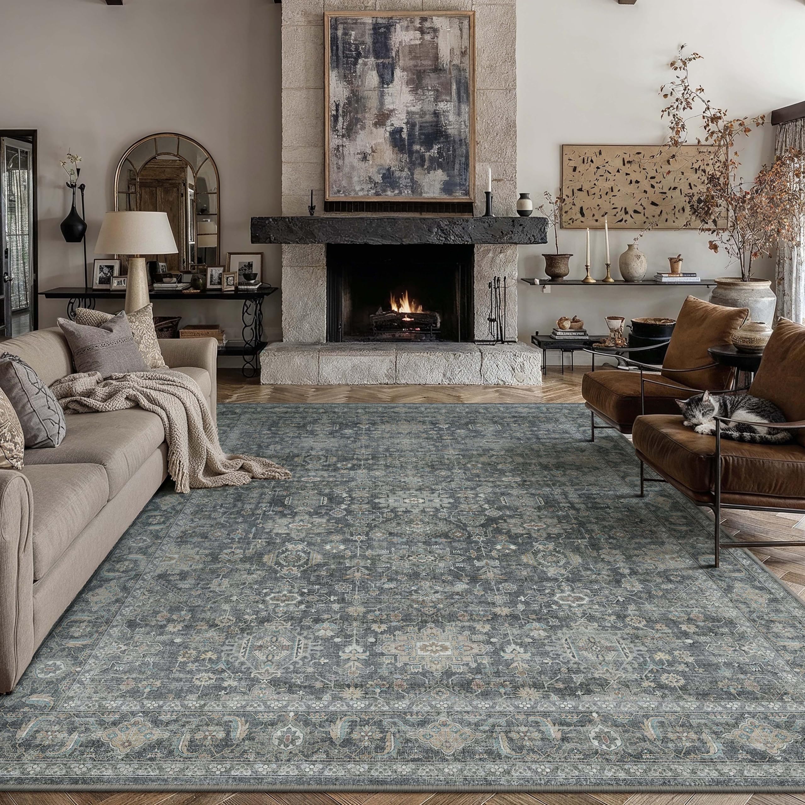 PureCozy Vintage Living Room Rug 200 x 300 cm Black Washable Non Slip Lounge Area Rugs Bedroom Bedside Large Soft Low Pile Carpet Office Dining Rooms Hall Indoor Carpets