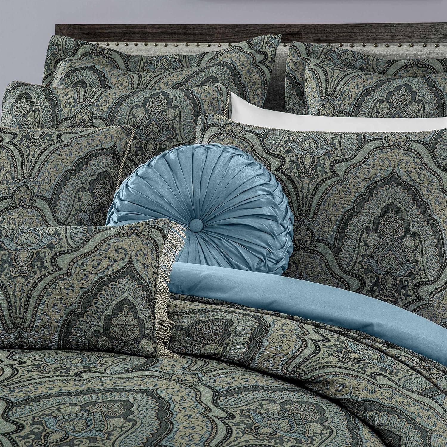 Chezmoi Collection Seville 9-Piece Jacquard Blue Gold Medallion Paisley Comforter Bedding Set Queen Size