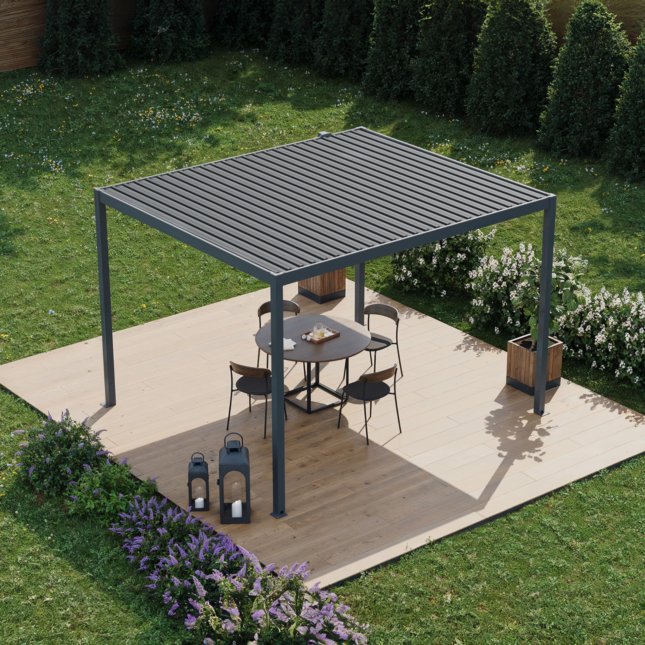 PRIMEYARD Pergola bioclimatique 3x3,5 m Poteaux et Toit à Lames en Acier - Anthracite