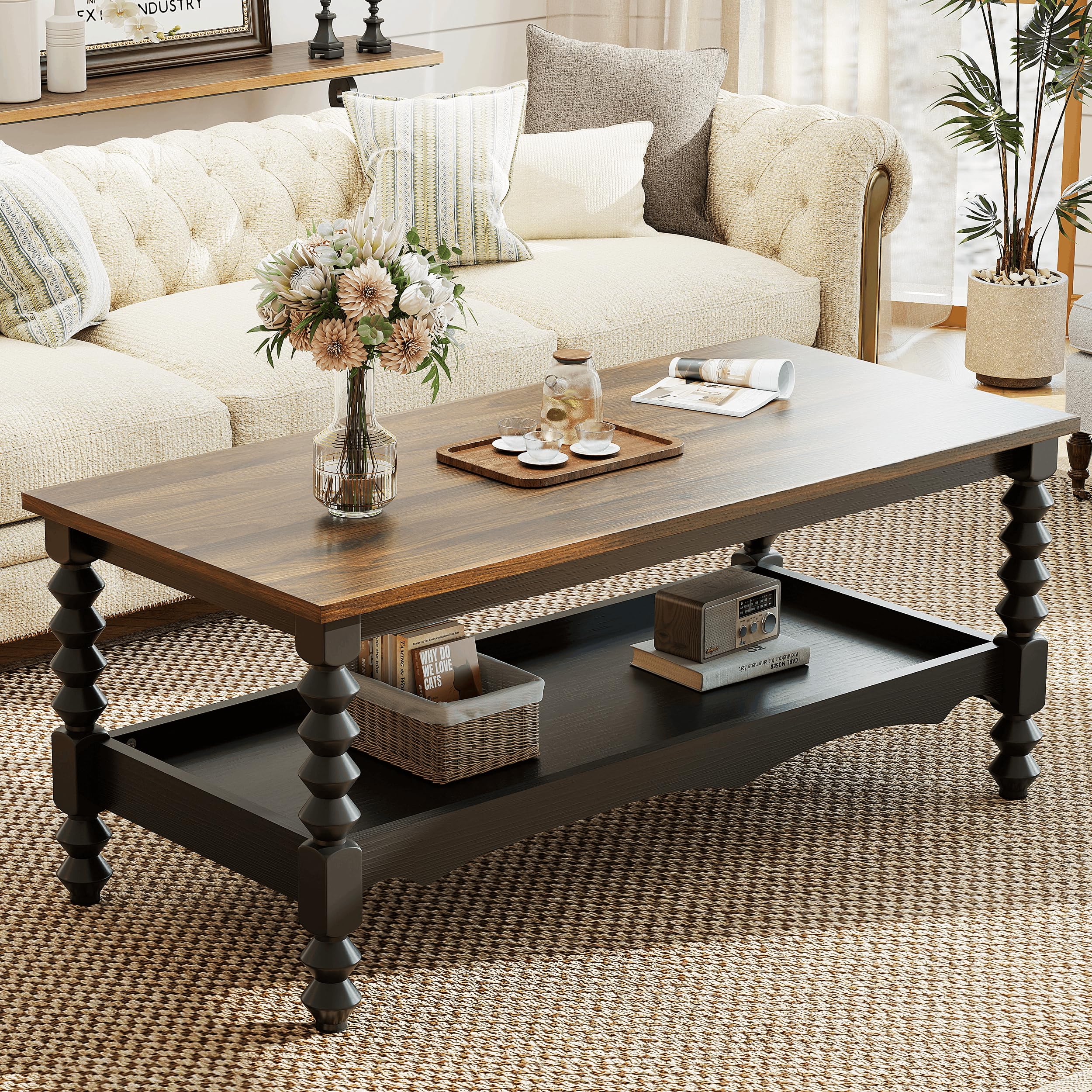 YOSHOOT 42 Farmhouse Coffee Table with Storage - Small Coffee Tables for Living Room Bedroom 2-Tier Center Table
